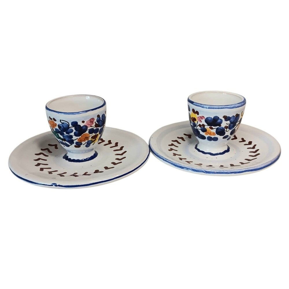 Vintage Ceramic Egg Cups Floral Handpainted White & Blue - Set Of 2 - One Chip